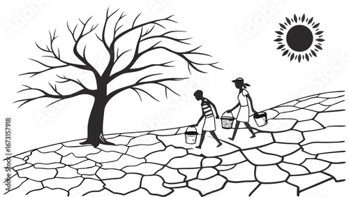 Drought and Water Scarcity: Children carrying buckets on cracked earth under a harsh sun. Environmental hardship, global warming impact illustration.