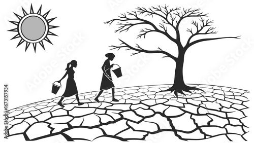 Water Scarcity and Drought: Women carrying buckets on cracked, dry earth under a hot sun, symbolizing environmental hardship.