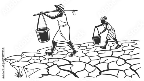 Drought and water scarcity: People carrying water buckets across parched, cracked earth, symbolizing daily struggle for survival in arid lands.