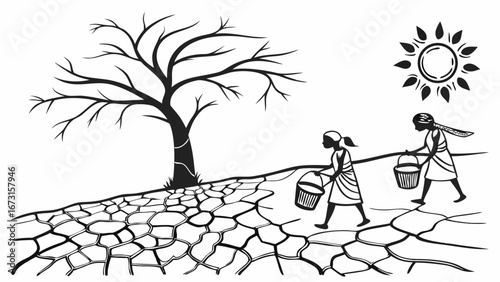 Water Scarcity & Drought: People carrying buckets on cracked, dry earth under scorching sun with a barren tree. Climate crisis concept.