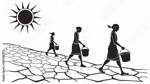 Women carrying water buckets across cracked dry land under a scorching sun. Global drought, water scarcity, climate change, and hardship.