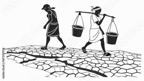 Water Scarcity and Drought: Silhouettes of people carrying water buckets across cracked dry earth, symbolizing global water crisis and environmenta...
