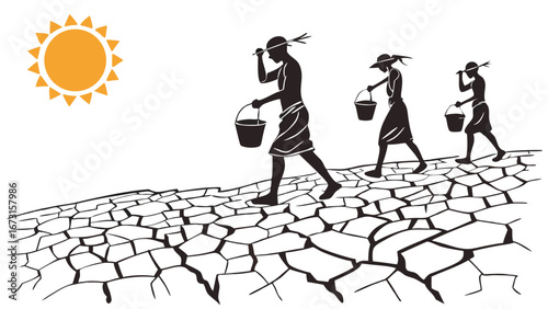 Drought and Water Scarcity: People carrying buckets across cracked dry land under a scorching sun