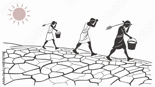 People walking on parched, cracked earth under a scorching sun, symbolizing drought, water scarcity, and environmental struggle