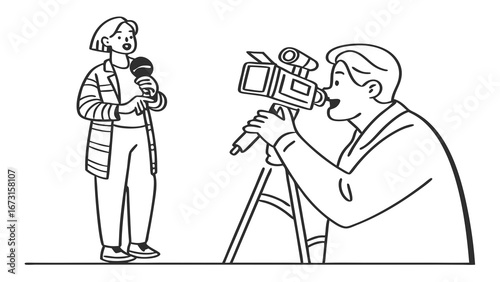 Journalist Reporting and Cameraman Filming. Media Production Team. Line Art Illustration.