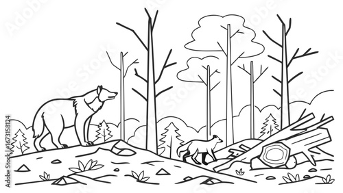 Forest wildlife scene with wolf and fox. Line art illustration of animals in nature, suitable for coloring book.