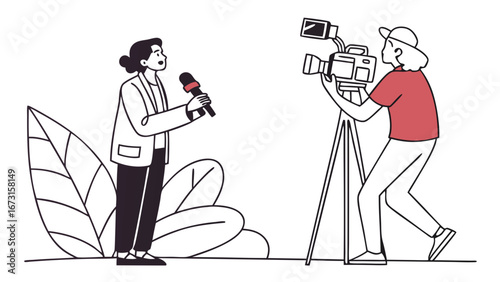Journalist and Videographer Team Reporting News - Media Production Illustration