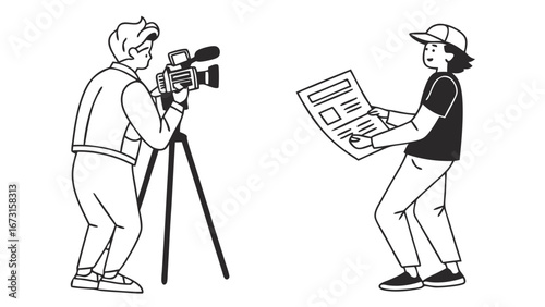 Broadcast Journalism: Reporter and Videographer Filming News Report Illustration