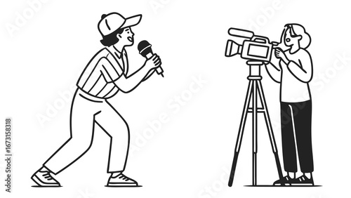 News Reporter with Microphone and Videographer Filming. Media Production, Broadcasting, Content Creation Team.