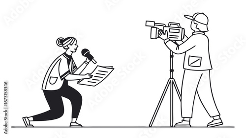News Reporting Team: Journalist with Microphone and Cameraman Filming Broadcast. Media Production and Journalism Concept.