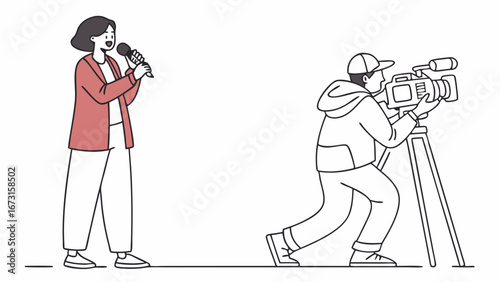 Journalism Team: Reporter Interviewing with Microphone and Cameraman Filming News Report