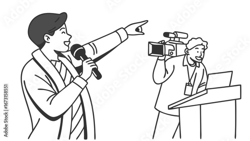 Line art of speaker with microphone pointing, filmed by cameraman with video camera and laptop. Event presentation, media coverage.