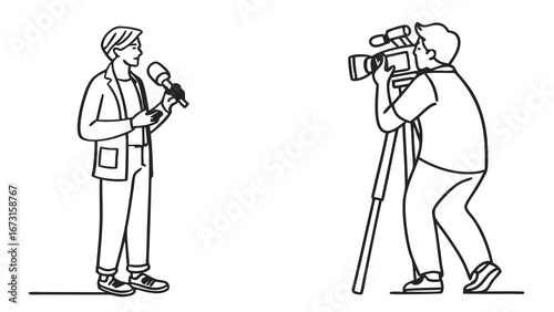 News Reporter Interviewing with Microphone While Cameraman Films - Media and Journalism Concept
