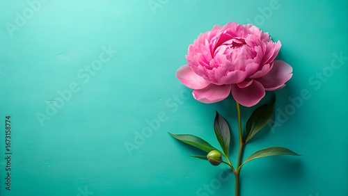 Beautiful pink peony flower with green stem and bud against a teal backdrop with empty space