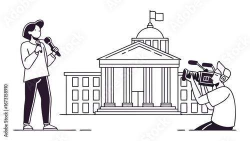 Journalist with Microphone and Cameraman Filming Outside Government Building