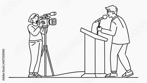 Cameraman filming speaker at podium for news conference. Media event, public speaking, broadcast, interview, line art illustration