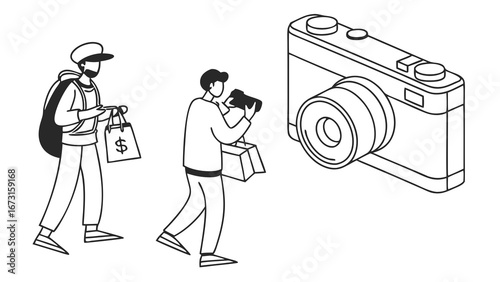 Travelers shopping and taking photos. Line art illustration of people enjoying vacation, retail therapy, and photography.