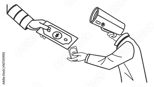 Bribery and Corruption Concept: Hand Giving Money to Security Camera Head