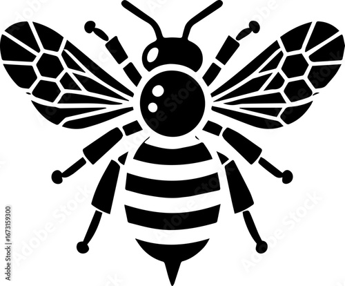 Illustration of a black and white bee with detailed wings and striped body in a symmetrical design