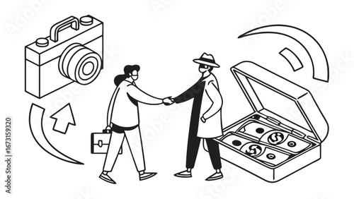 Creative Content Transaction: Business Deal for Photography and Money Exchange, Handshake Agreement