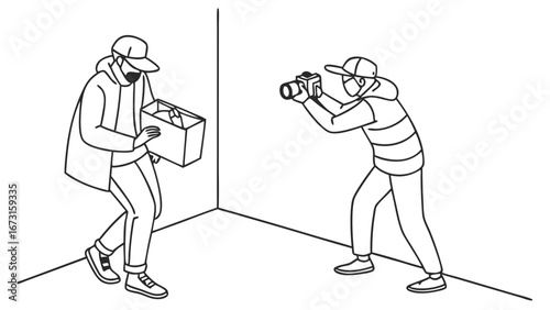 Photographer secretly capturing person carrying a box in a corner. Candid street photography, hidden camera, surveillance concept.