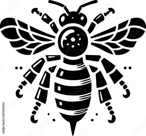 Illustration of a detailed black and white honeybee with wings and segmented body in a graphic style