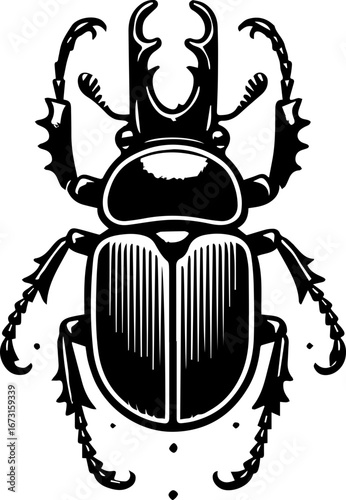 Illustration of a scarab beetle with detailed legs and antennae in a black and white design style