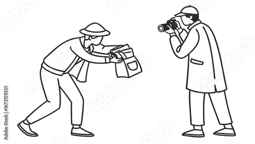 Photographer captures person presenting package, media event, paparazzi, line art illustration