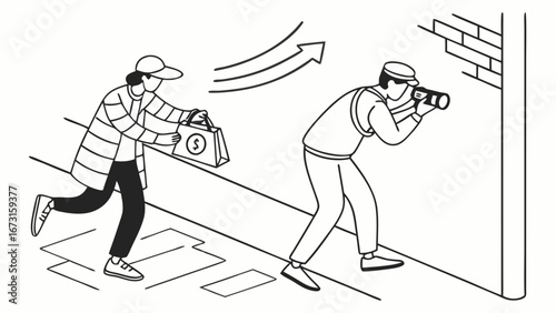 Thief escaping with money bag, secretly photographed by a hidden observer. Crime, surveillance, investigation, and law enforcement concept.