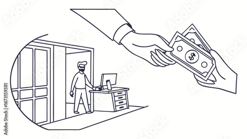 Office worker receiving payment. Business financial transaction, salary, or bonus concept. Hand giving money. Line art illustration.