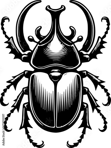 Illustration of a scarab beetle with detailed exoskeleton and prominent horns in black and white style