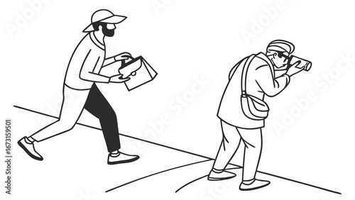 Photographer capturing running person with documents, black and white line art illustration