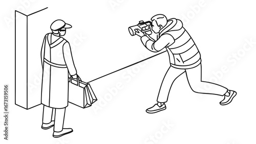 Photographer with Telephoto Lens Capturing a Person, Isometric Line Art Illustration