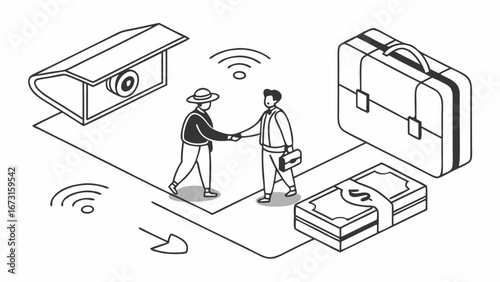 Secure Business Transaction Concept. Isometric illustration of a deal with handshake, money, security camera, briefcase, and Wi-Fi symbols.