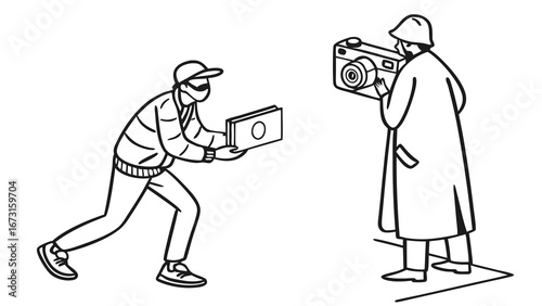 Detective photographs fleeing thief with stolen goods. Crime investigation and surveillance concept.