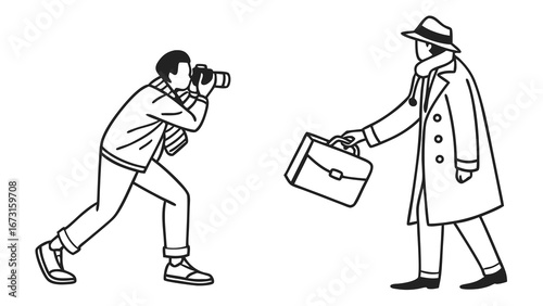 Photographer and mysterious figure with briefcase. Line art illustration for news, investigation, or business concepts.