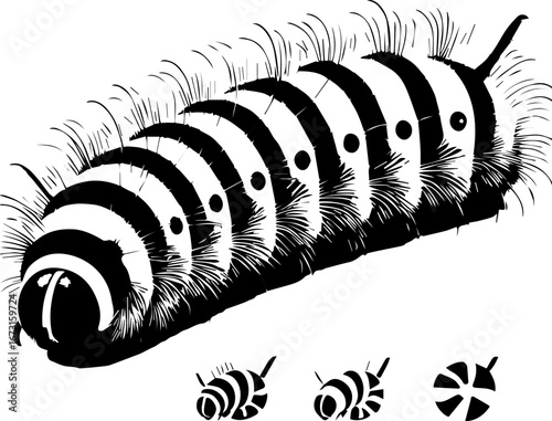 Illustration of a fuzzy caterpillar with black and white stripes and three smaller icons below it