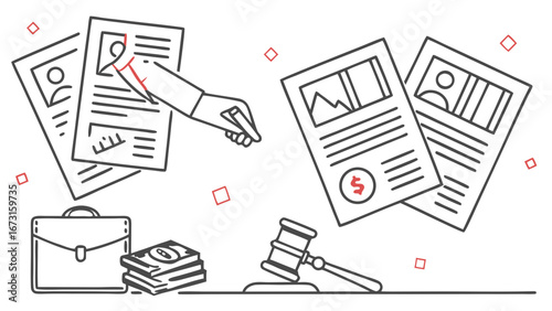 Business and Legal Process Illustration: Contract Signing, Finance, and Justice Concepts with Documents and Gavel
