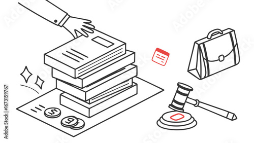 Legal Business Finance Concept Illustration with Hand Stacking Documents, Gavel, Briefcase, and Coins