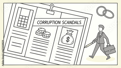Corporate Corruption Scandals Illustration: Businessman, Financial Misconduct, and Ethical Issues. Line Art
