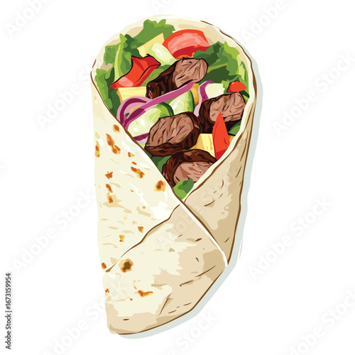 flat vector of shawarma wrap with visible grilled meat and vegetables inside