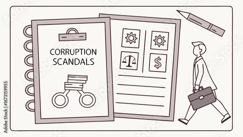 Businessman walking away from corruption scandal documents, illustrating corporate ethics, legal issues, and financial consequences