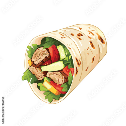 flat vector of shawarma wrap with visible grilled meat and vegetables inside
