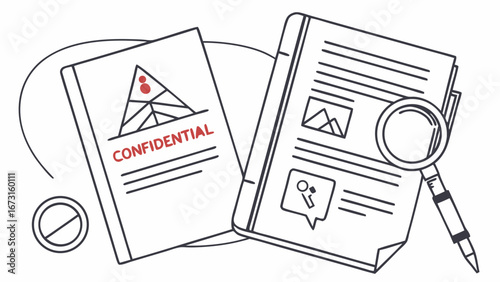 Confidential Document Review and Information Security Concept. Magnifying glass over files, restricted access symbol, data protection illustration.