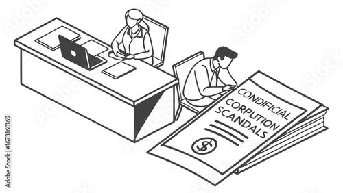 Business corruption investigation. Employee overwhelmed by financial scandals. Corporate misconduct and confidential documents concept.