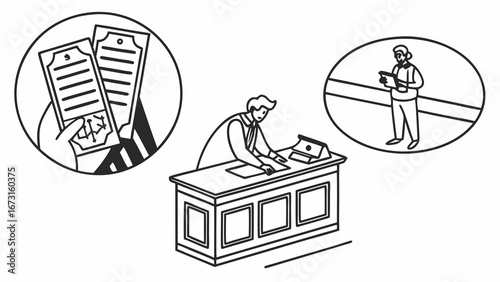 Official Administrative and Legal Process Illustration: Judge, Voting, and Data Collection