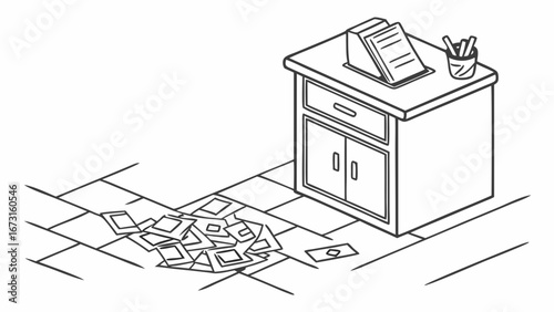 Isometric line art: Money scattered on office floor next to a desk with documents and pens. Financial mess, debt, or unexpected wealth concept.