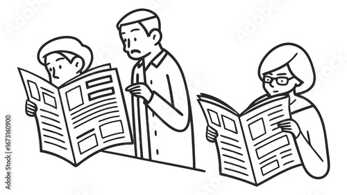 Daily News Reading: Diverse individuals absorbed in newspapers, one with a thoughtful expression