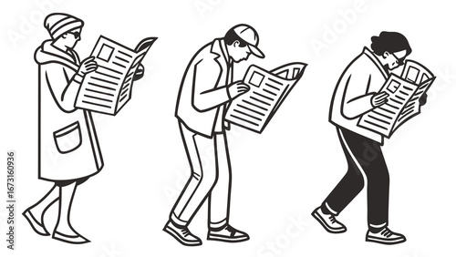 People walking and reading newspapers, daily news consumption, black and white line art illustration of diverse individuals.
