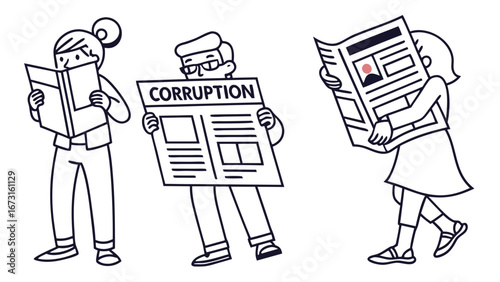 Line art illustration of people reading newspapers, one with 'Corruption' headline. News, information, and social issues concept.
